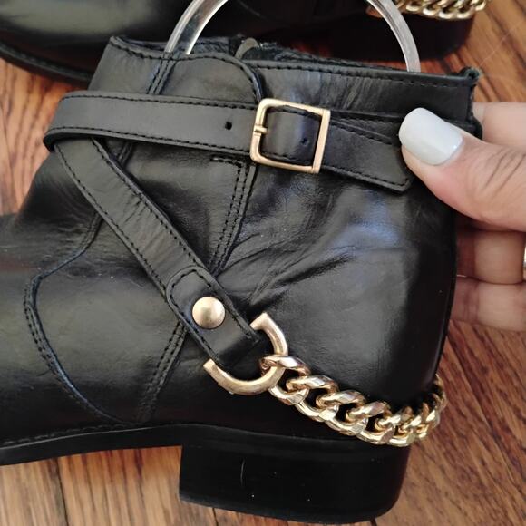 Steve Madden Black Ringo Leather Ankle Boots Size 8M Gold Braid 1in Biker Combat - Picture 13 of 17